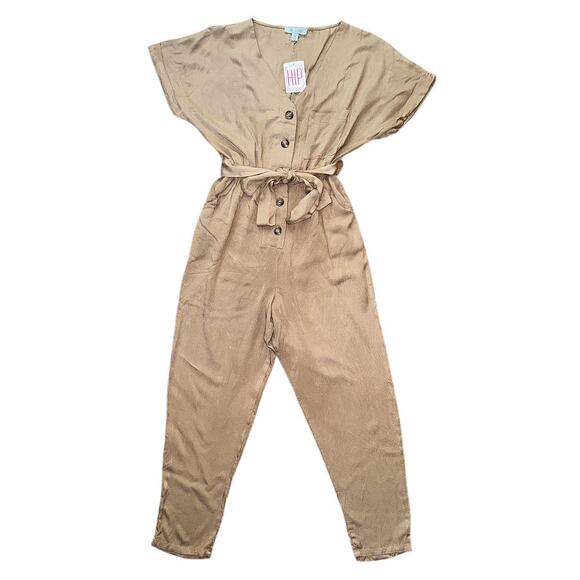 NWT She + Sky Short Sleeve Button Down Belted Taupe Jumpsuit Small - Picture 1 of 6
